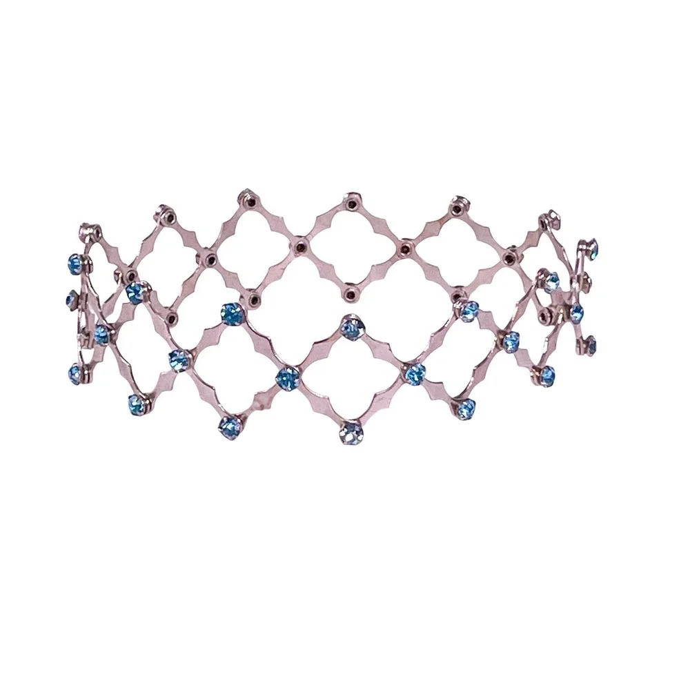 Vintage 1950s Expandable Chignon Hair Bun Cage‎ Silver Tone Blue Rhinestones